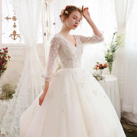 Chic / Beautiful Ivory Wedding Dresses 2018 Ball Gown V-Neck 3/4 Sleeve ...