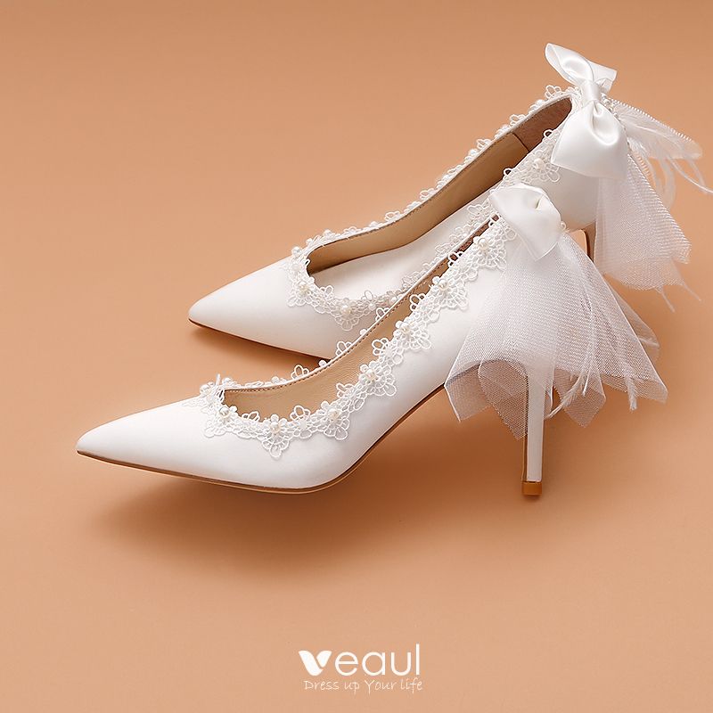 Elegantes Marfil Zapatos de novia 2020 Cuero Con Encaje Perla