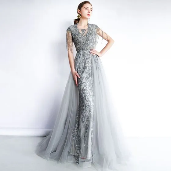 Luxury / Gorgeous Grey Evening Dresses 2019 A-Line / Princess V-Neck ...
