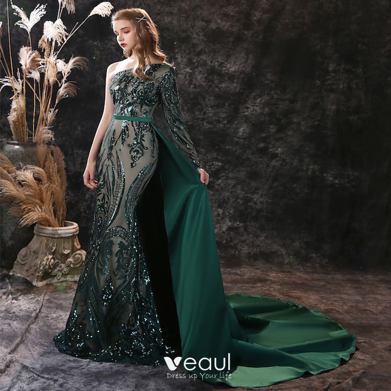 Sparkly Dark Green Satin Red Carpet Evening Dresses 2021 Trumpet / Mermaid  One-Shoulder Long Sleeve Sash
