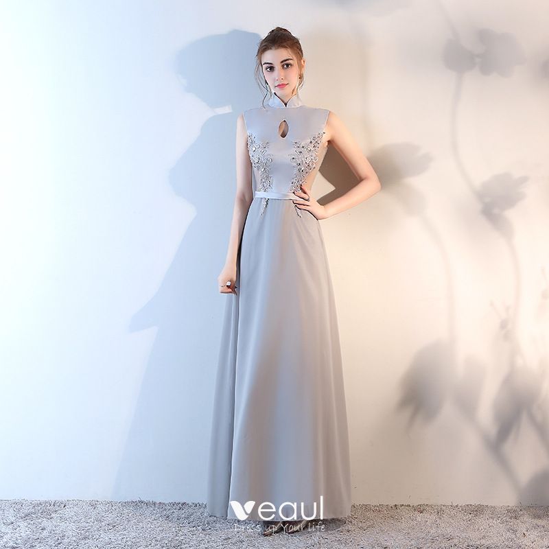 Elegant Chinese style Silver Evening Dresses 2018 A-Line / Princess  Appliques Lace Sequins Sash High Neck Backless Sleeveless Floor-Length /  Long 