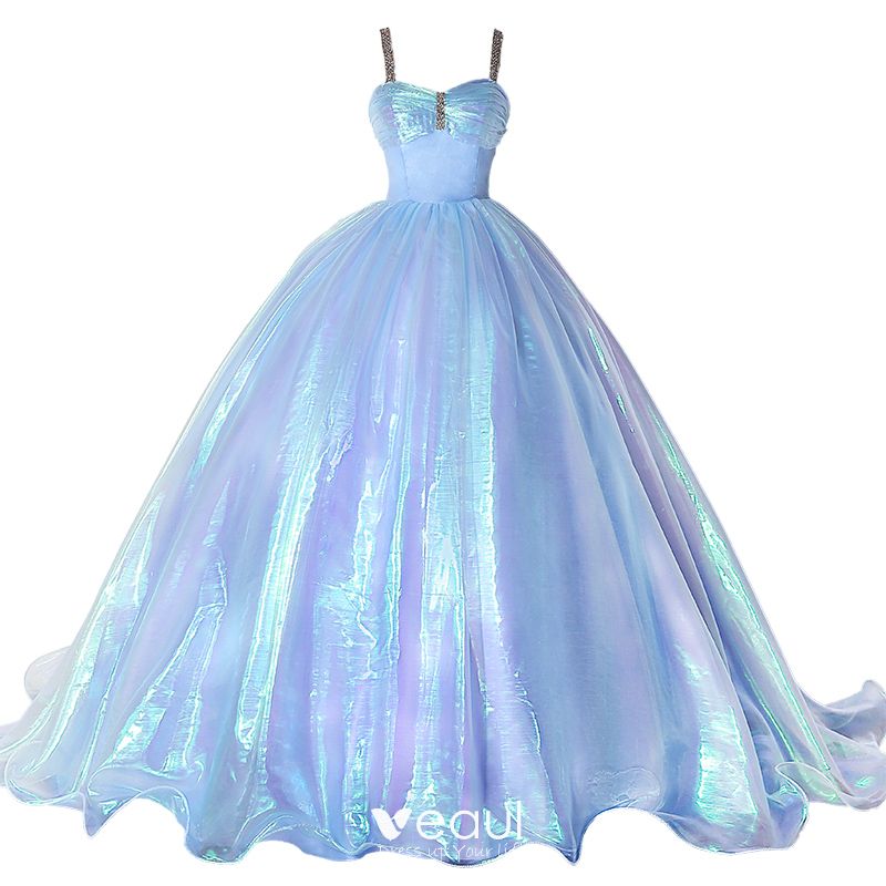 Illusion Sky Blue Cinderella Prom Dresses 2021 Ball Gown Rhinestone ...