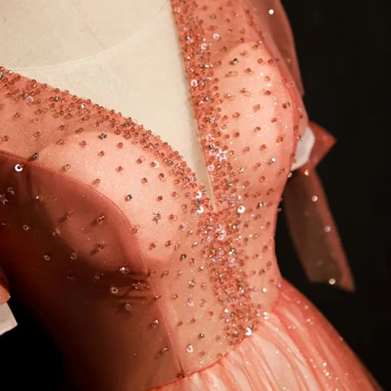 High-end Watermelon Dancing Prom Dresses 2020 A-Line / Princess Deep V ...