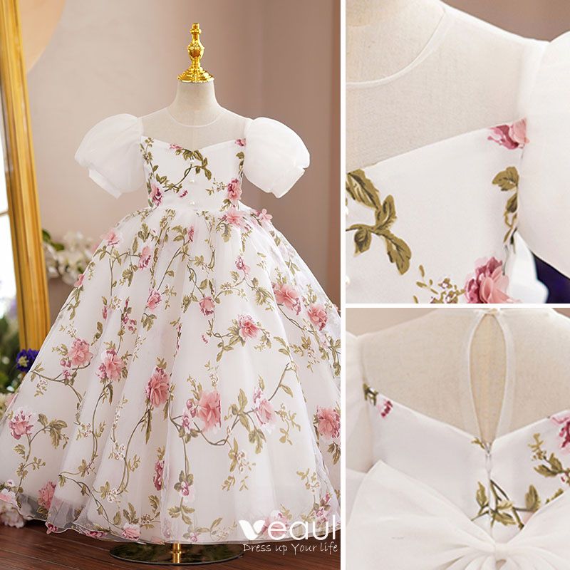 Chic / Beautiful White Birthday Floral Flower Girl Dresses 2022 A