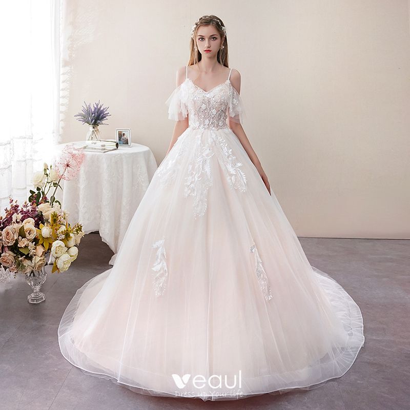 Affordable Champagne Wedding Dresses 2019 A-Line / Princess Spaghetti ...