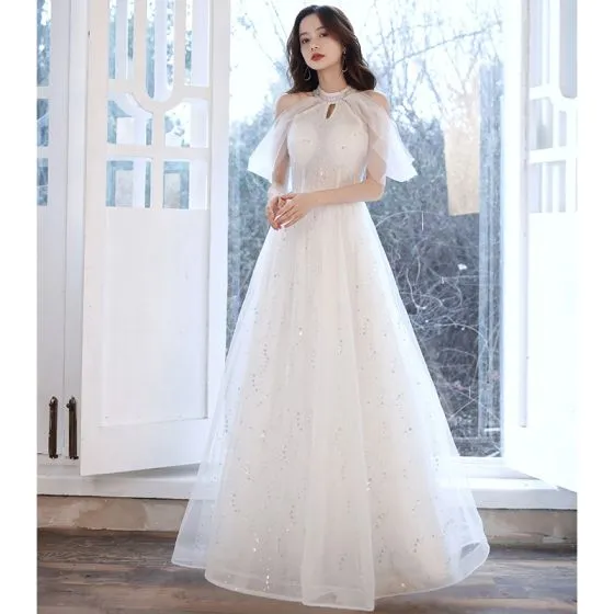 Charming Ivory Glitter Prom Dresses 2021 A-Line / Princess Scoop Neck ...
