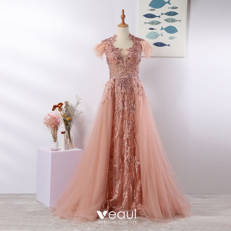 Luxurious Pink Lace Ball Gown Long Prom Dresses Formal Evening