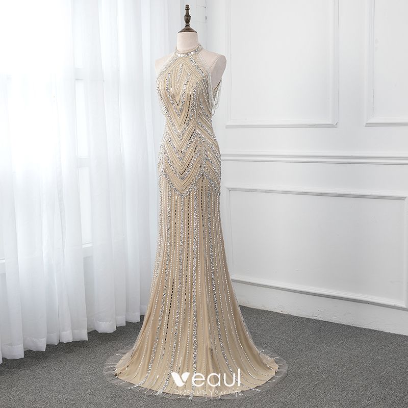 High-end Champagne Evening Dresses 2019 Trumpet / Mermaid High Neck ...