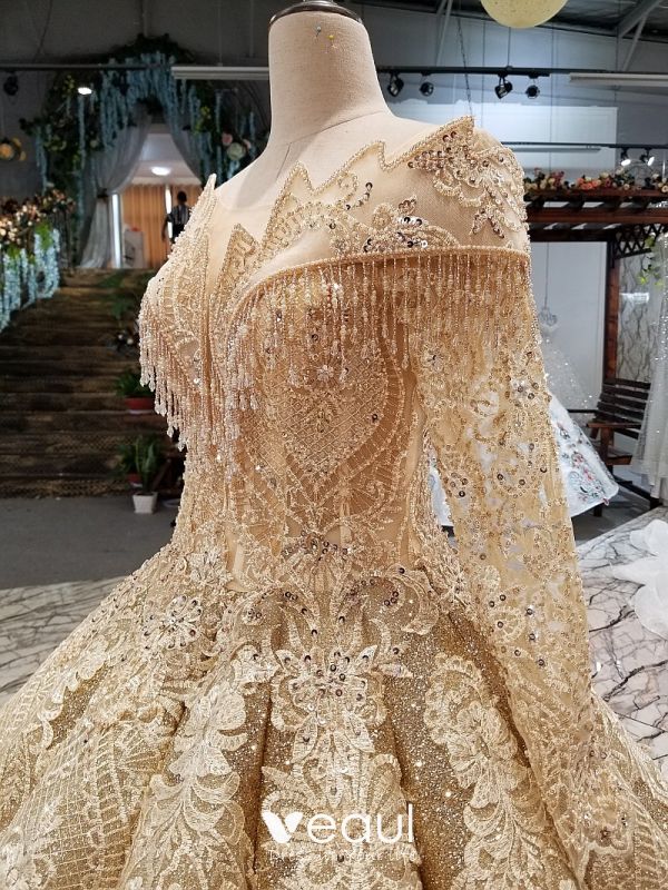 Luxury / Gorgeous Gold Wedding Dresses 2019 Ball Gown Square Neckline  Glitter Tulle Beading Sequins Crystal 3/