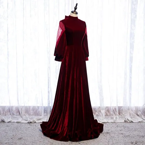 Elegant Burgundy Evening Dresses 2020 A-Line / Princess Suede High Neck ...