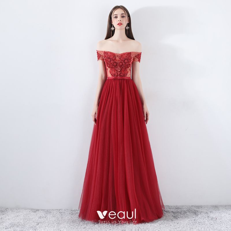 Modern / Fashion Burgundy Evening Dresses 2019 A-Line / Princess Off ...