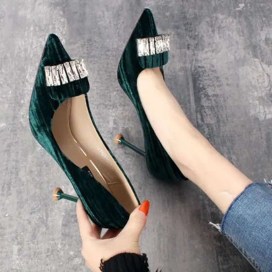 Chic / Beautiful Dark Green Casual Suede Pumps 2019 Rhinestone 8 cm ...