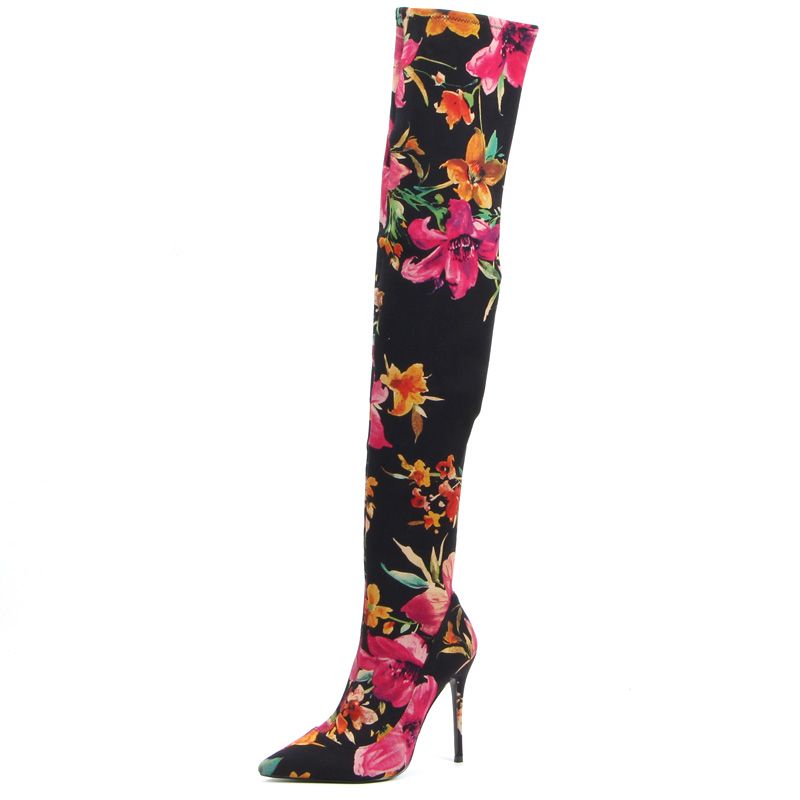 Sexy Black Rave Club Over The Knee / Thigh High Floral Womens Boots ...