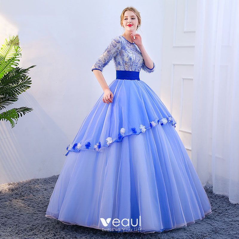 Vintage / Retro Sky Blue Prom Dresses 2019 Ball Gown Scoop Neck ...