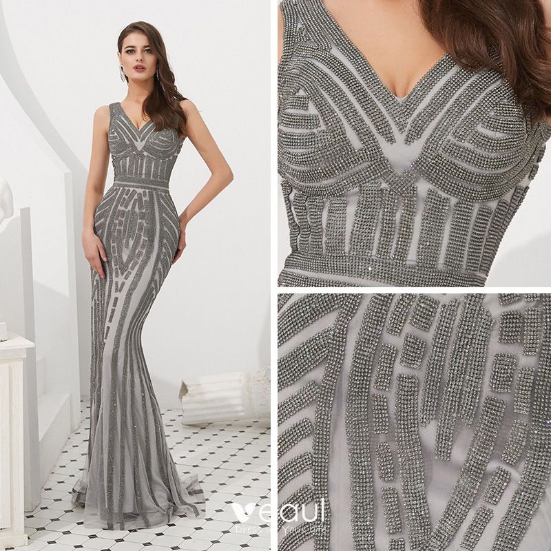 High-end Grey Evening Dresses 2020 Trumpet / Mermaid V-Neck Sleeveless ...