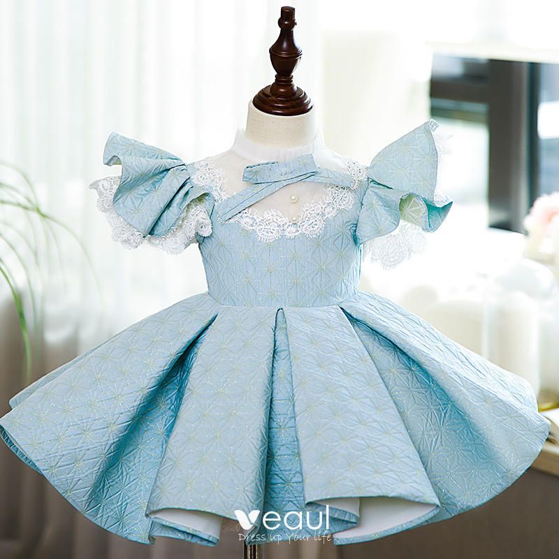 Chic Beautiful Sky Blue Birthday Flower Girl Dresses 2022 Ball Gown High  Neck Beading