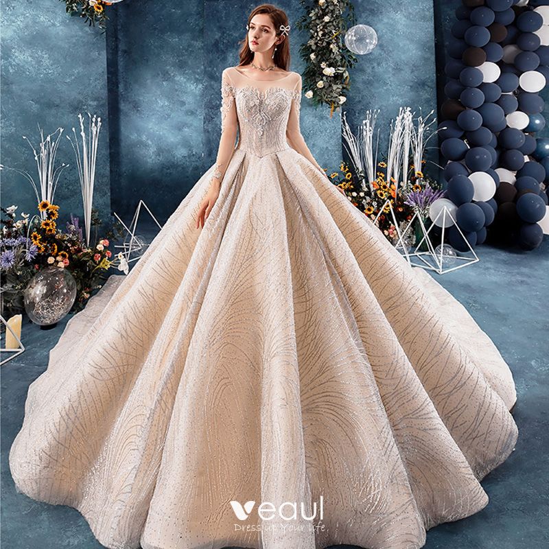 Luxury / Gorgeous Gold Wedding Dresses 2019 Ball Gown Square Neckline  Glitter Tulle Beading Sequins Crystal 3/