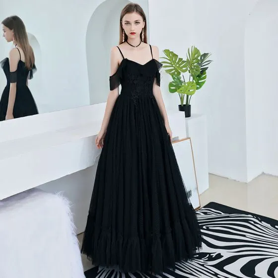 Unique Black High Neck Tulle Long Prom Dress, Black Evening Dress