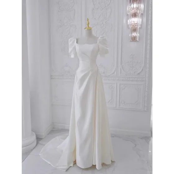 Elegant White Satin Prom Dresses 2023 A-Line / Princess Square Neckline ...