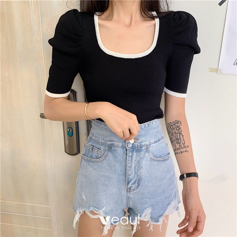 Vintage / Retro Summer Blushing Pink Knitting Tight T-Shirts 2021 U-Neck  Short Sleeve Women's Tops