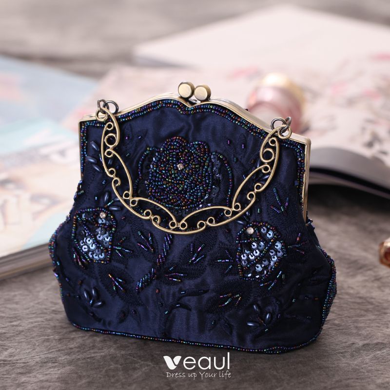 Malaise Weg loterij Vintage / Retro Navy Blue Sequins Beading Pearl Embroidered Clutch Bags 2019