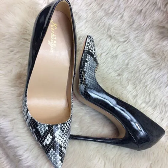 Chic / Beautiful Black Casual Pumps 2019 Leather Snakeskin Print 12 cm ...