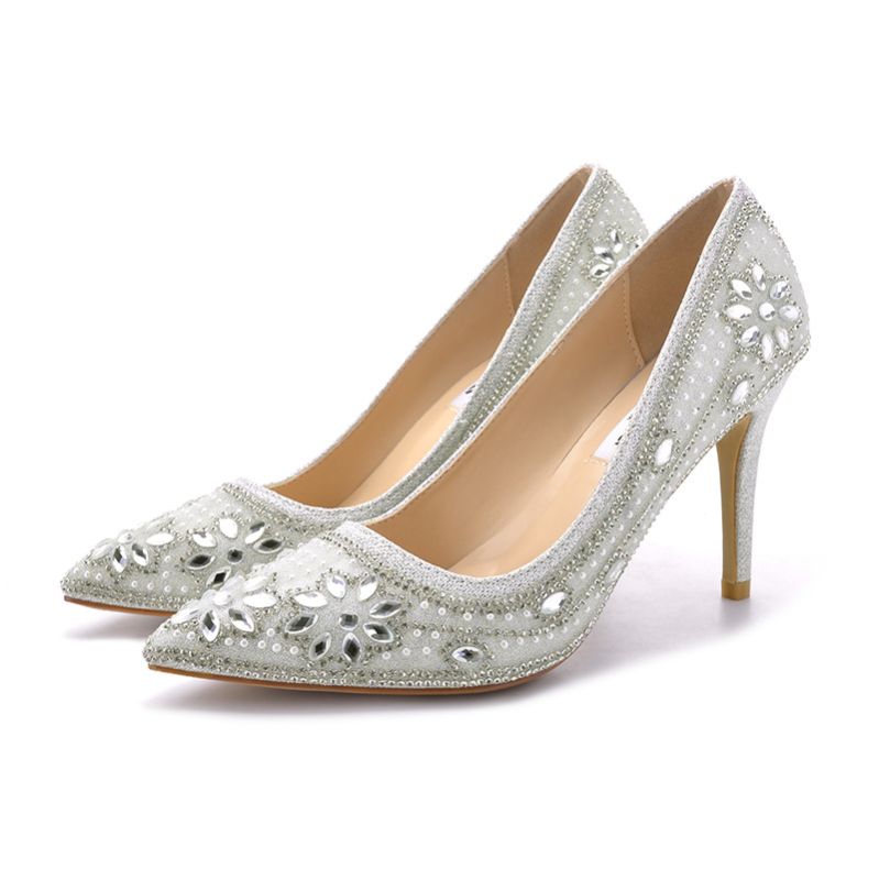 silver evening shoes with rhinestones