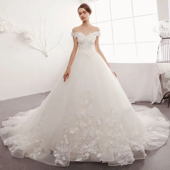 a line off the shoulder lace wedding dress