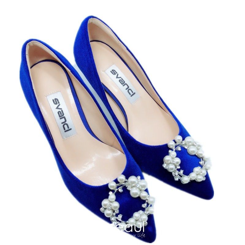 Elegant Royal Blue Evening Party Suede Pearl Pumps 2021 7 cm Stiletto ...