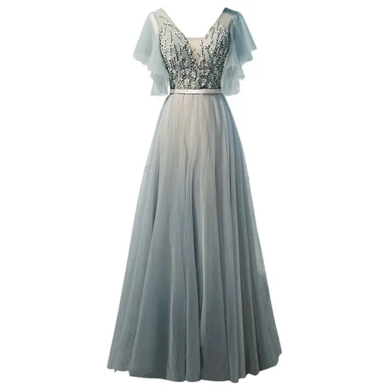 Chic / Beautiful Sage Green Prom Dresses 2019 A-Line / Princess V-Neck ...
