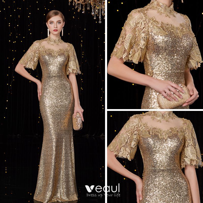 Sparkly Gold Sequins Pierced Evening Dresses 2019 Trumpet / Mermaid ...