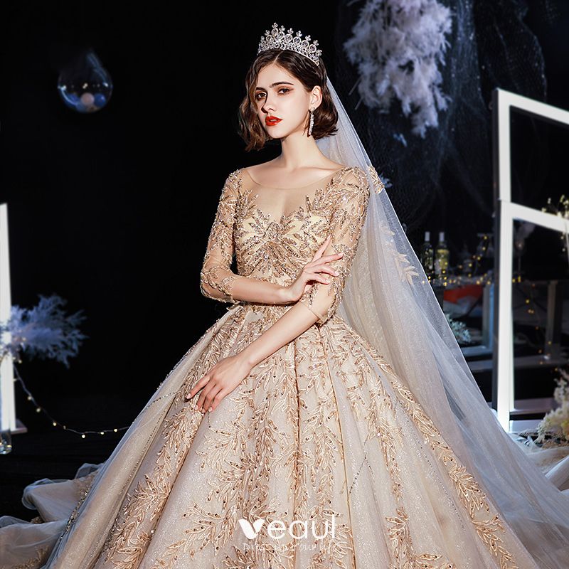 Luxury / Gorgeous Champagne Wedding Dresses 2020 Ball Gown See-through