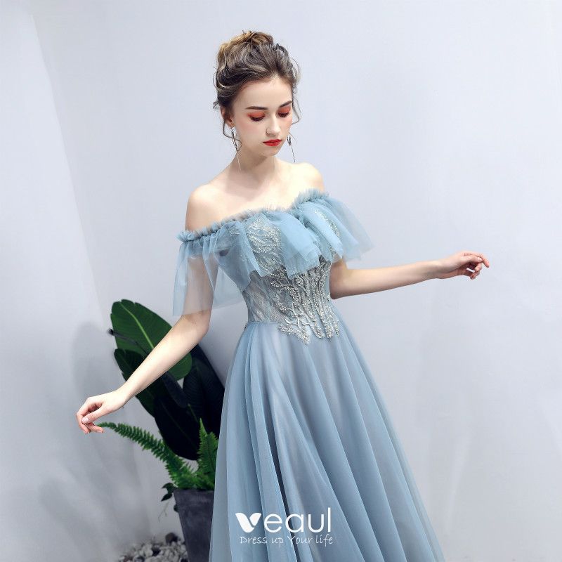 Elegant Pool Blue Prom Dresses 2019 A-Line / Princess Off-The-Shoulder ...