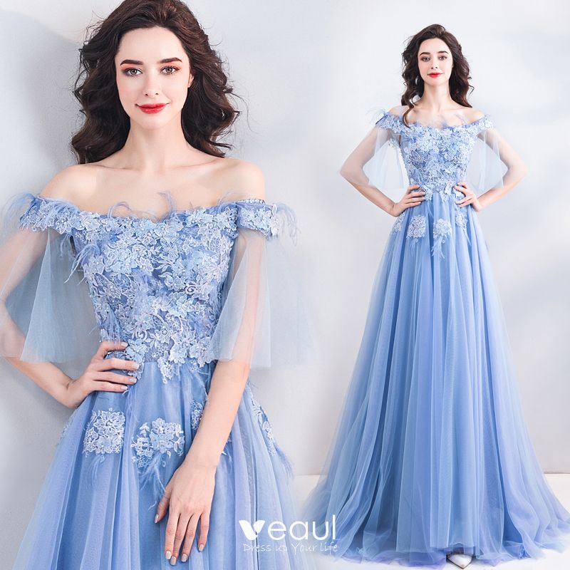 Chic / Beautiful Sky Blue Evening Dresses 2019 A-Line / Princess Off ...