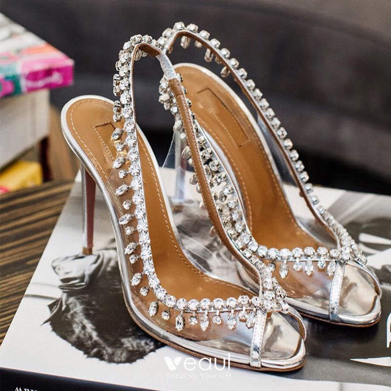 Chic Beautiful Silver Wedding Shoes 2018 Leather Rhinestone 8 Cm Stiletto Heels Open Peep 5048