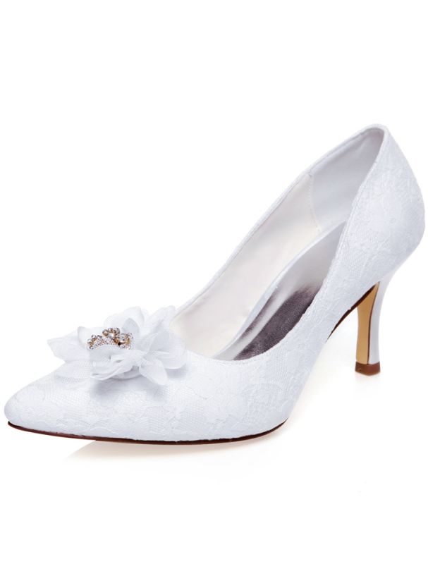 Elegant White Wedding Shoes Stiletto Heels Lace Pumps Satin Bridal ...