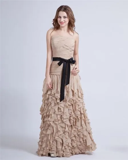 Off The Shoulder Belt Bowknot Ruffles Layer Upon Layer Floor Length