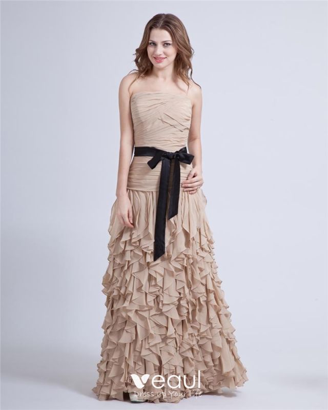 Off The Shoulder Belt Bowknot Ruffles Layer Upon Layer Floor Length Chiffion Evening Dress
