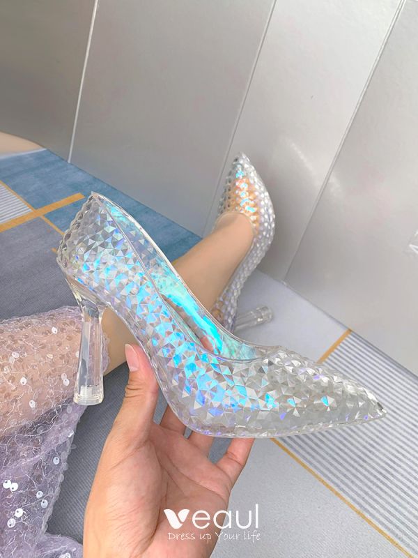 Cinderella Transparent Crystal Butterfly Wedding Shoes 2023 5 cm Stiletto  Heels Pointed Toe Wedding Pumps High Heels