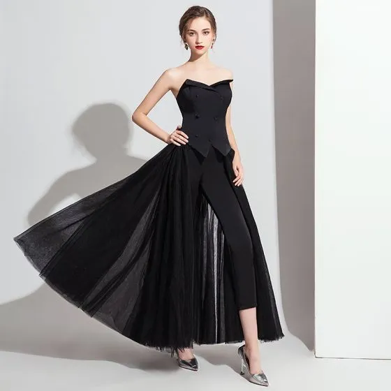 Classic Black Jumpsuit With Shawl 2019 A-Line / Princess Sweetheart ...