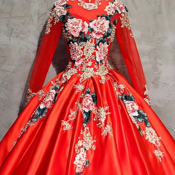 Chinese Style Red Prom Dresses 2017 Ball Gown High Neck Long Sleeve Appliques Lace Beading Pearl 