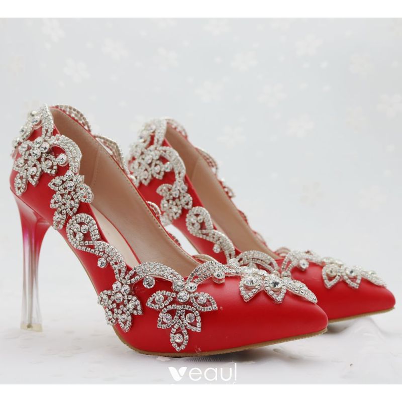 Chinese style Red Wedding Shoes 2018 Rhinestone 9 cm Crystal Stiletto ...