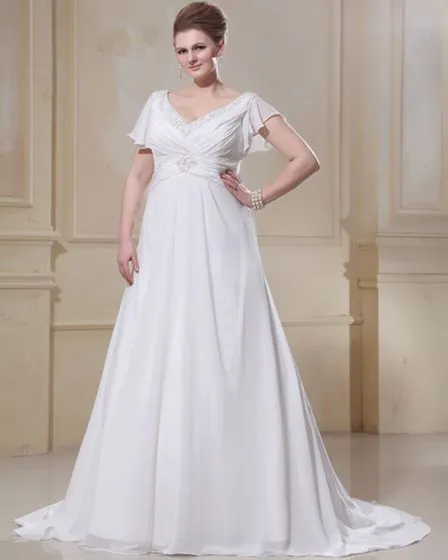 Chiffon Ruffle Beaded V Neck Plus Size Bridal Gown Wedding Dresses Chiffon Ruffle Beaded V Neck Plus Size Bridal Gown Wedding Dresses