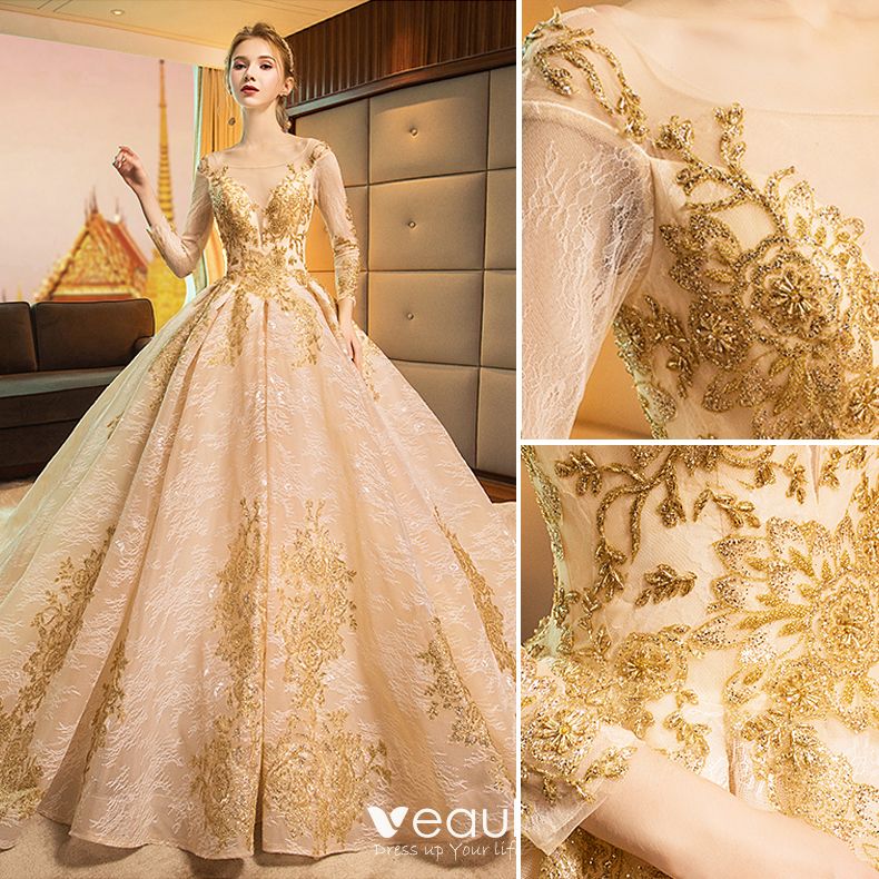 Luxury / Gorgeous Gold Wedding Dresses 2019 A-Line / Princess Scoop ...