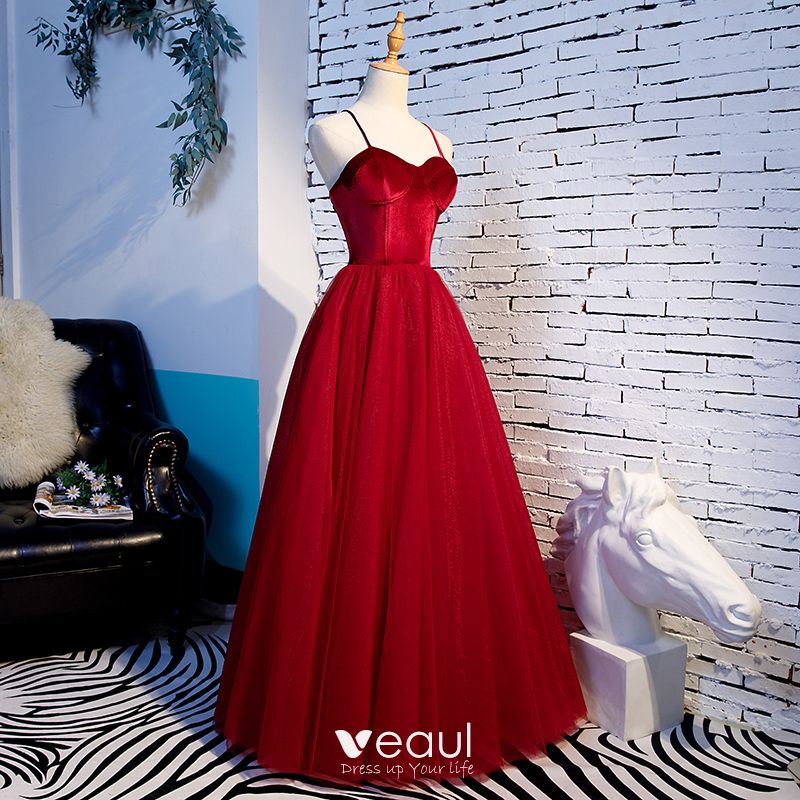 Modest / Red Prom Dresses 2020 A-Line / Princess Spaghetti Straps Sleeveless Floor-Length / Long Backless Ruffle Formal Dresses