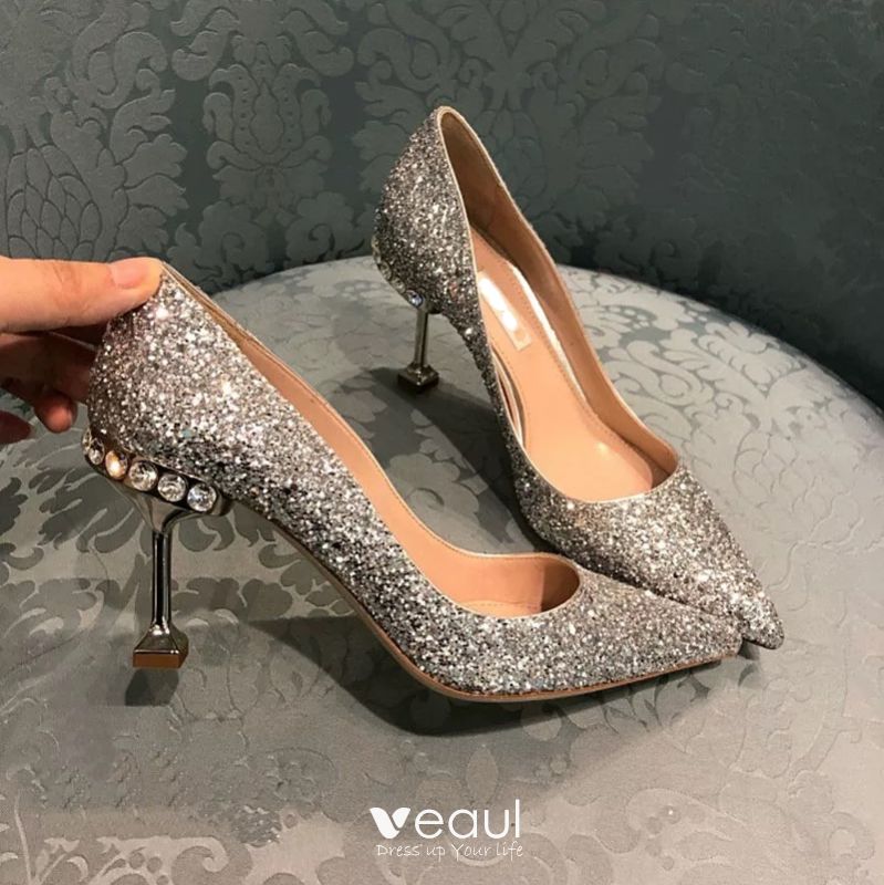 Sparkly Silver Wedding Shoes 2019 Leather Rhinestone Sequins 8 cm ...