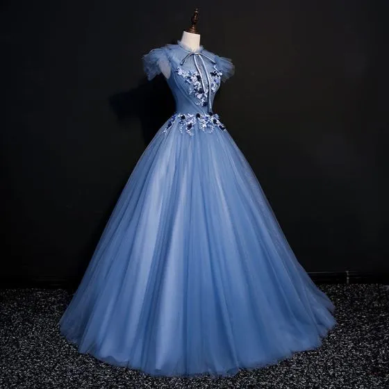 Vintage / Retro Ocean Blue Prom Dresses 2018 Ball Gown Lace Flower ...