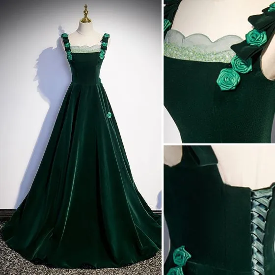 Modest / Simple Dark Green Appliques Suede Prom Dresses 2023 A-Line ...