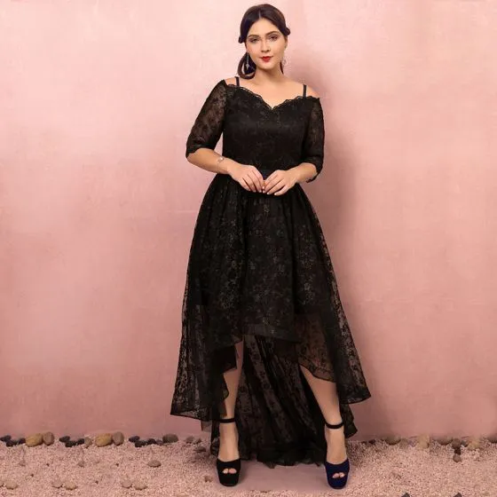 Chic / Beautiful Black Plus Size Cocktail Dresses 2018 1/2 Sleeves A-Line /  Princess Lace-up