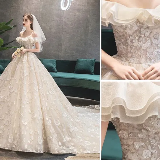 Chic / Beautiful Champagne Wedding Dresses 2019 A-Line / Princess Off ...